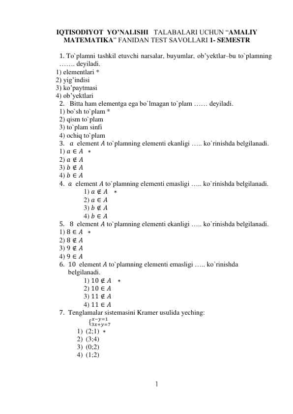 Amaliy Matematika fanidan test savollari