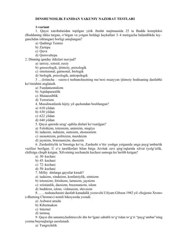DINSHUNOSLIK FANIDAN YAKUNIY NAZORAT TESTLARI