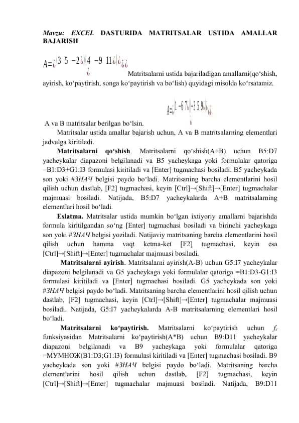 Excel dasturida matritsalar ustida amallar bajarish
