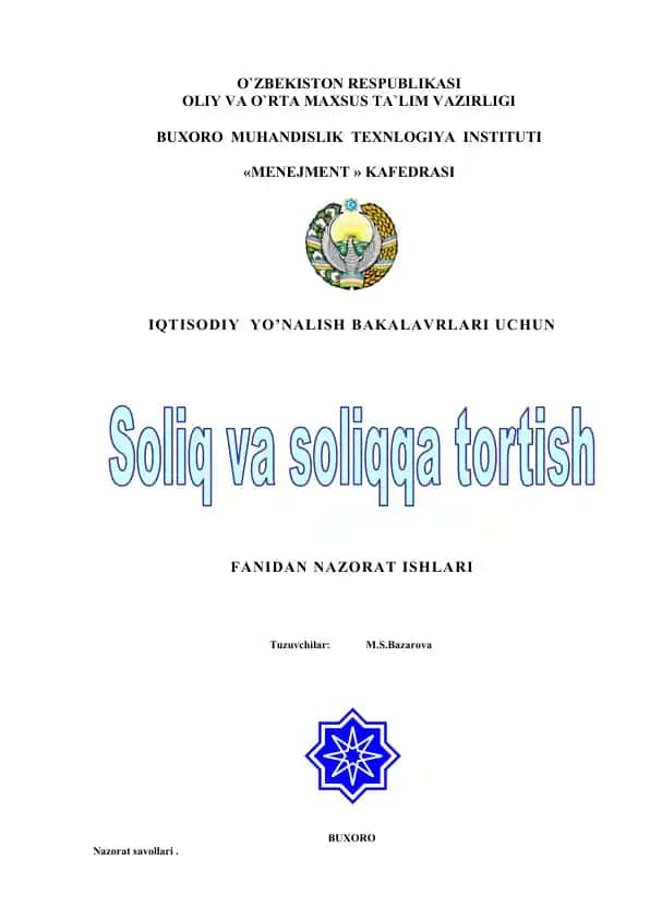 Nazorat ishlari — Iqtisodiy yo'nalish uchun soliq mavzulari