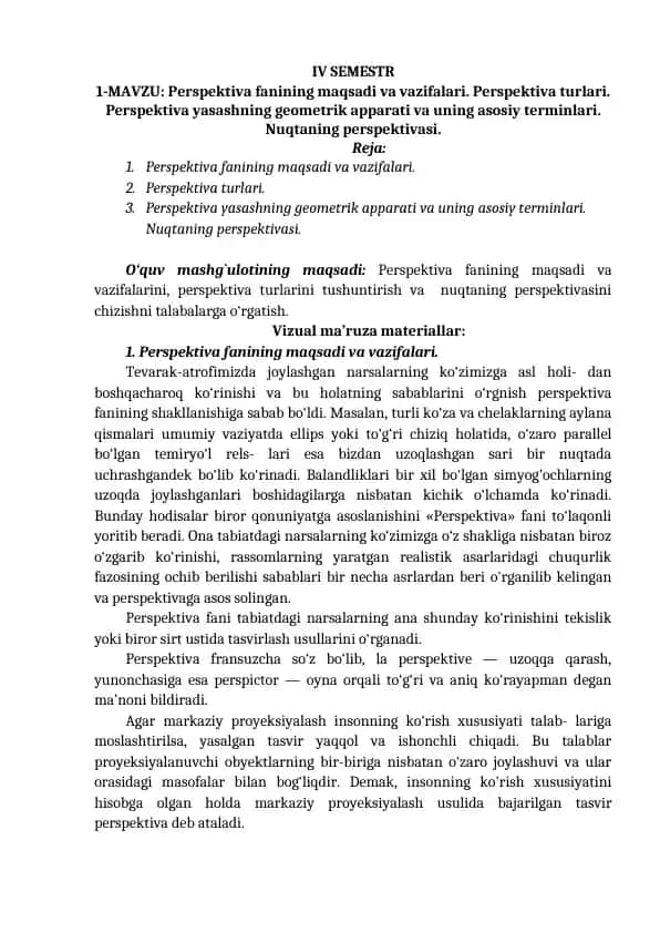 Perspektiva fanining osnovalari.