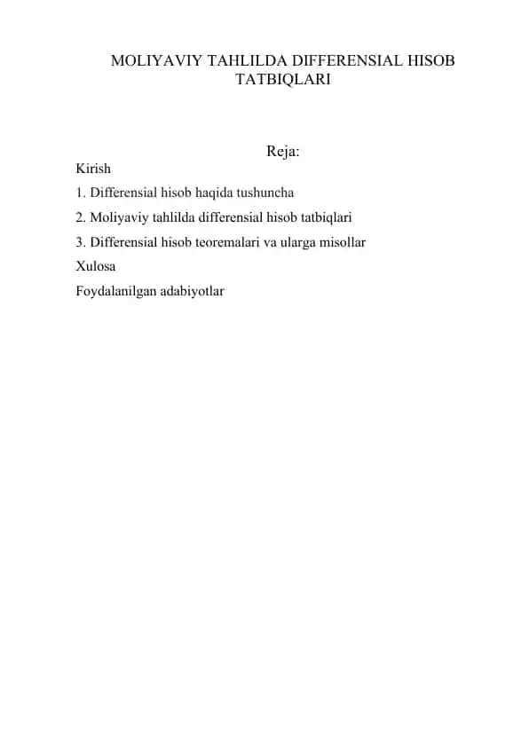 MOLIYAVIY TAHLILDA DIFFERENSIAL HISOB TATBIQLARI