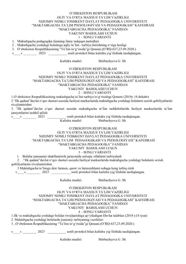 Maktabgacha pedagogika fanining ilmiy tadqiqot metodlari