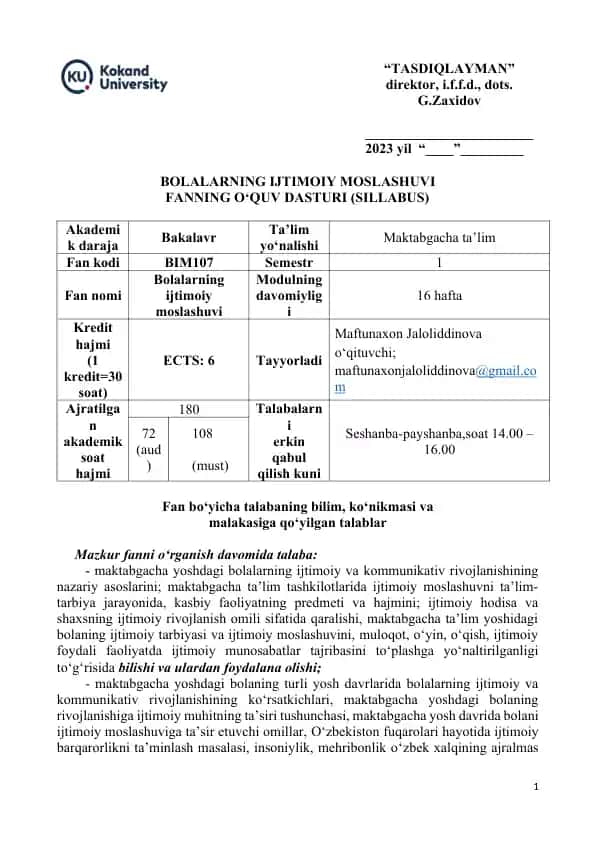 BOLALARNING IJTIMOIY MOSLASHUVI FANNING O‘QUV DASTURI (SILLABUS)