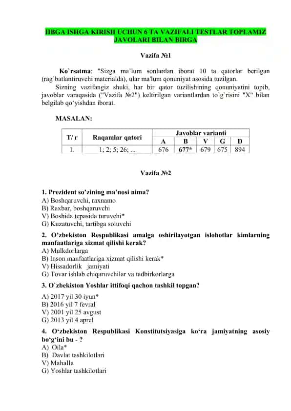 5 BOSQICHLI TEST IIB GA KIRISH UCHUN TEST