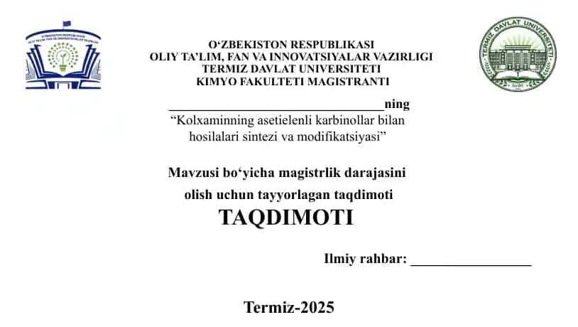 Kolxaminning asetielenli karbinollar bilan hosilalari sintezi va modifikatsiyasi
