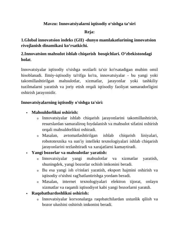 Innovatsiyalarni iqtisodiy o‘sishga ta’siri
