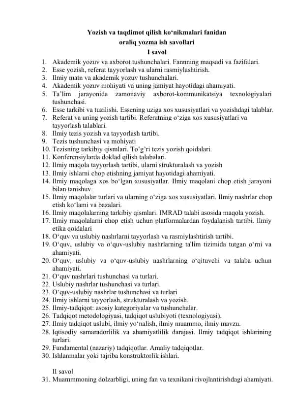 Yozish va taqdimot qilish ko‘nikmalari fanidan
