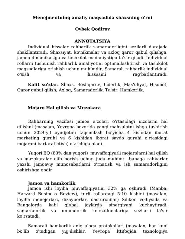 Menejmentning amaliy maqsadida shaxsning o'rni