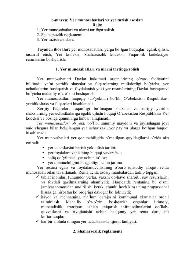Yer munosabatlari va yer tuzish asoslari