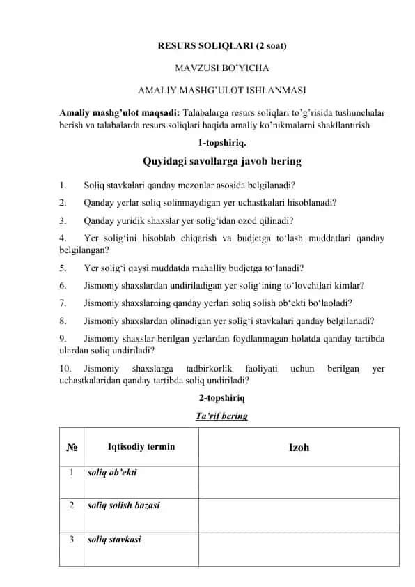 Resurs Soliqlari (2 soat)