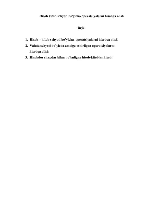 Hisob kitob schyoti bo'yicha operatsiyalarni hisobga olish
