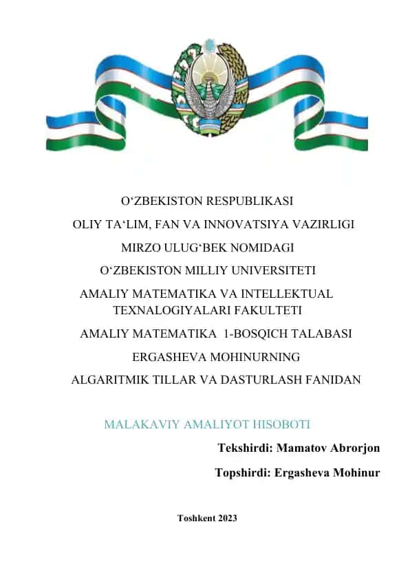 Algaritmik Tillar va Dasturlash fanidan malakaviy amaliyot hisoboti