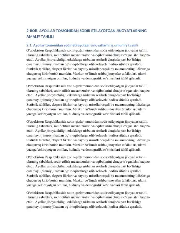 Ayollar tomonidan sodir etilayotgan jinoyatlar amaliy tahlili
