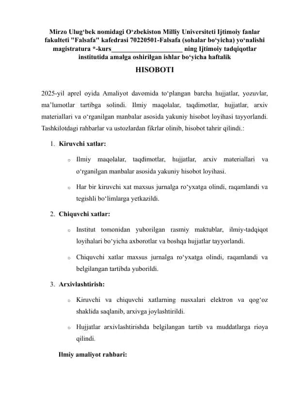Ijtimoiy tadqiqotlar institutida amalga oshirilgan ishlar