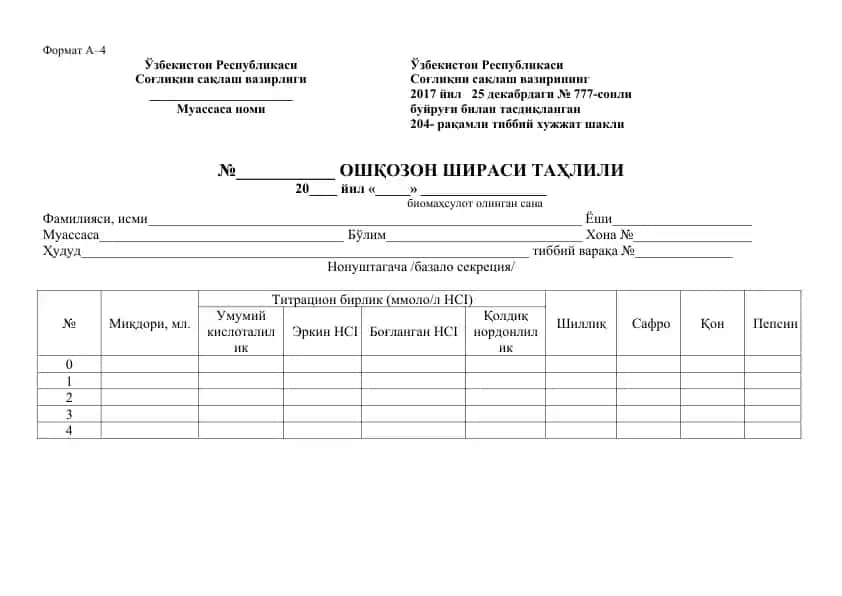 №777-сонли буйруғ билан тасдиқланган 204-рақамли тиббий хужжат шакли