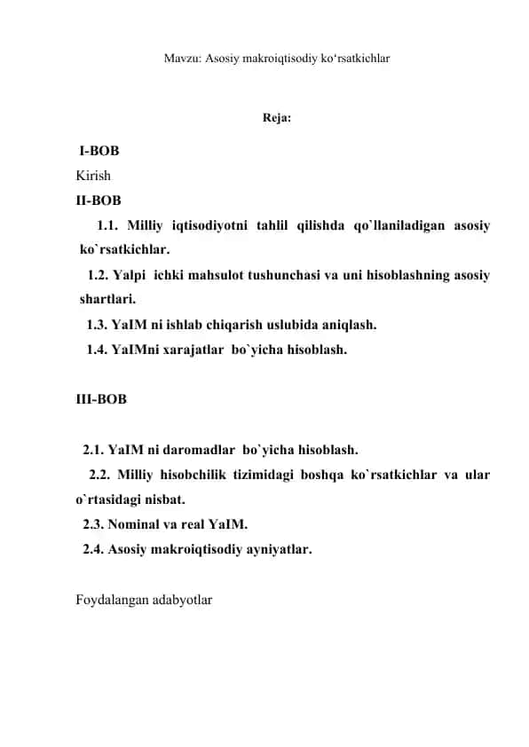 Asosiy makroiqtisodiy koʻrsatkichlar