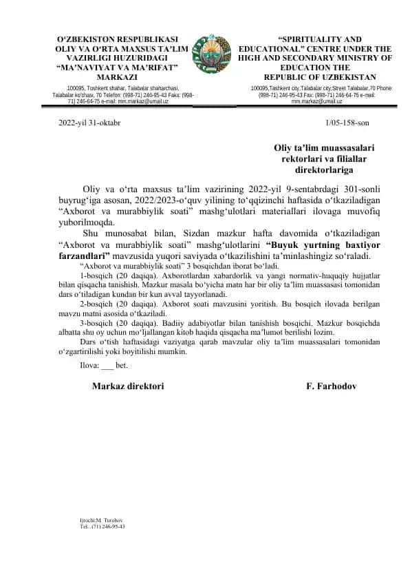 "Axborot va Murabbiylik Soati"