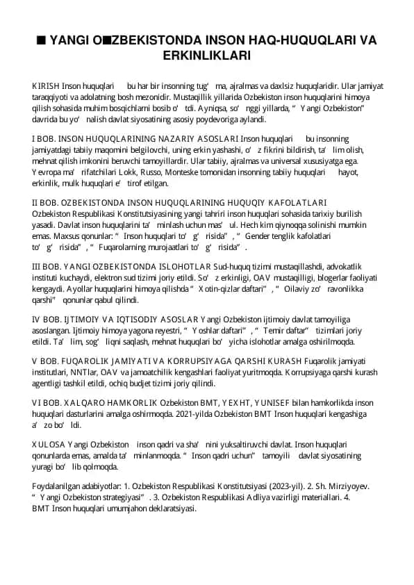 Yangi O'zbekistonda Inson Haq-Huquqlari va Erkinliklari