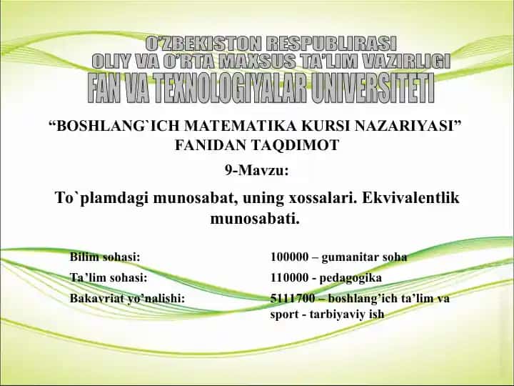 BOSHLANG`ICH MATEMATIKA KURSI NAZARIYASI