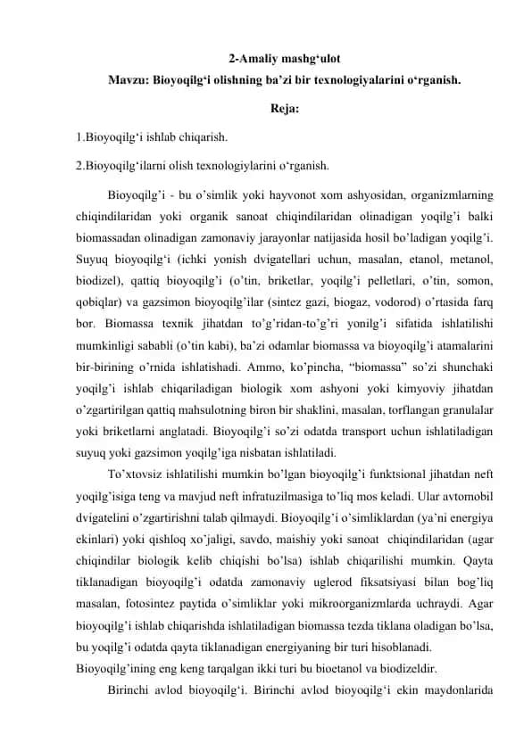 Bioyoqilg‘i olish texnologiyalari