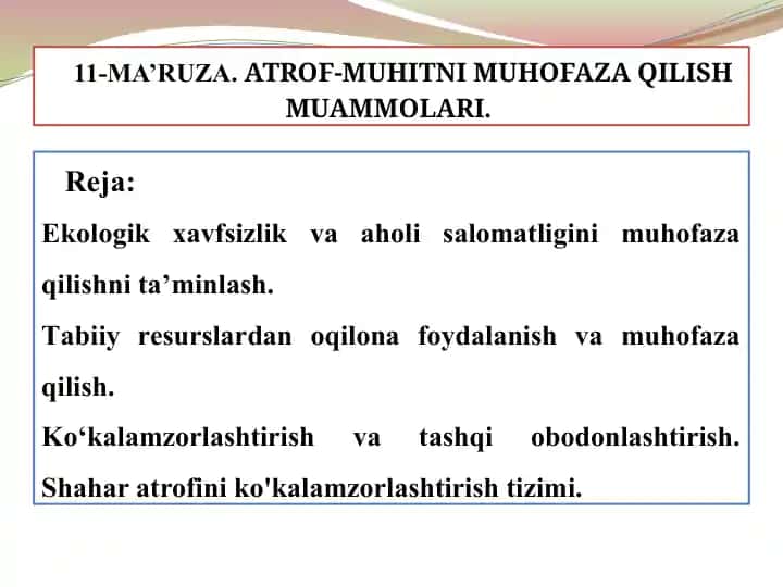 Ekologiya va Shahar Muhofaza