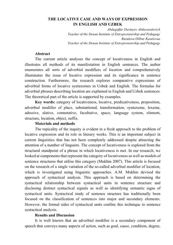 THE LOCATIVE CASE AND WAYS OF EXPRESSION IN ENGLISH AND UZBEK