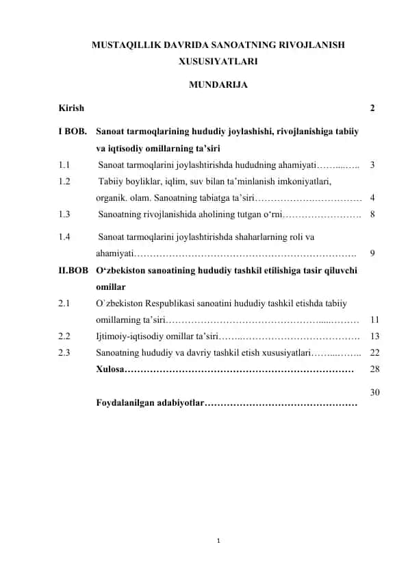MUSTAQILLIK DAVRIDA SANOATNING RIVOJLANISH XUSUSIYATLARI