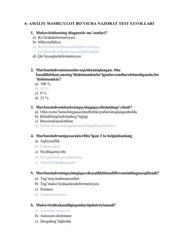 Mukovitsidoz va Marfansindromi bo'yicha test savollari