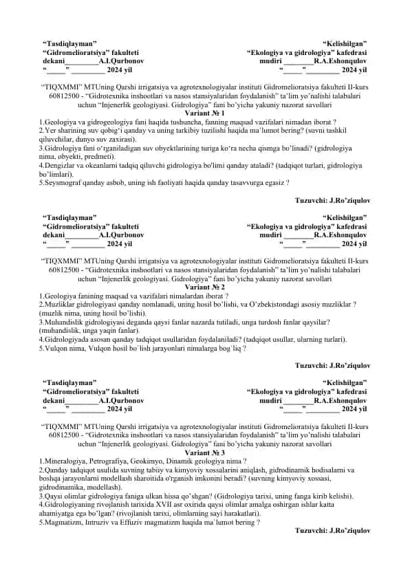 “Injenerlik geologiyasi. Gidrologiya” fani bo'yicha yakuniy nazorat savollari