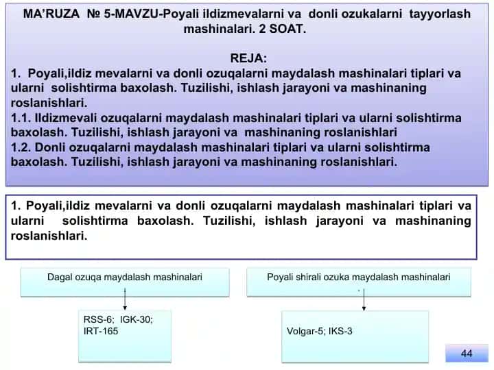 Poyali ildizmevalarni vadonli ozukalarni tayyorlash mashinalari