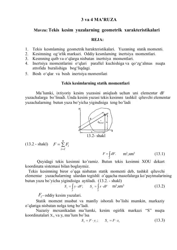 Tekis Kesim Yuzalarning Geometrik Xarakteristikalari