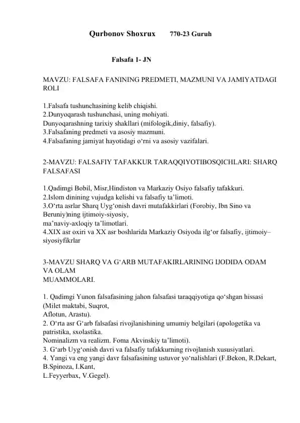 Falsafa fanining predmeti, mazmuni va jamiyatdagi roli