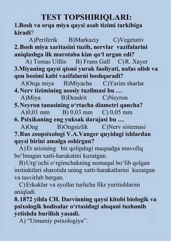 Test topshiriqlari - Asab tizimi va psixologiya