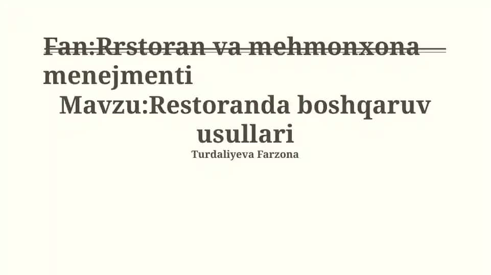 Restoran va mehmonxona menejmenti