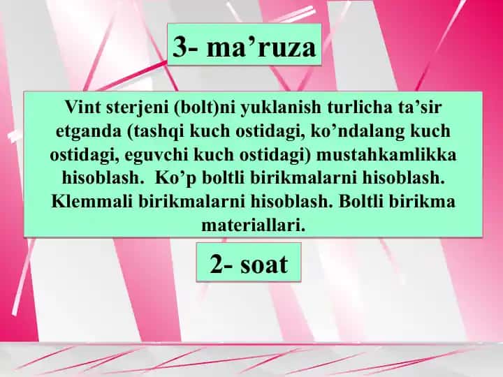 Vint (bolt)ni turli yuklanish ostida mustahkamlik hisoblash va boltli birikmalar