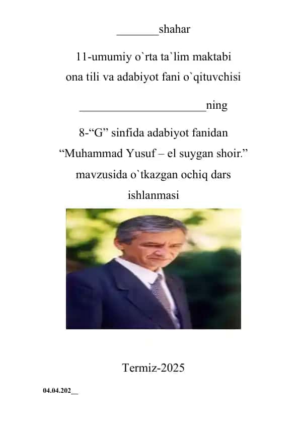 8-sinf adabiyot ochiq dars