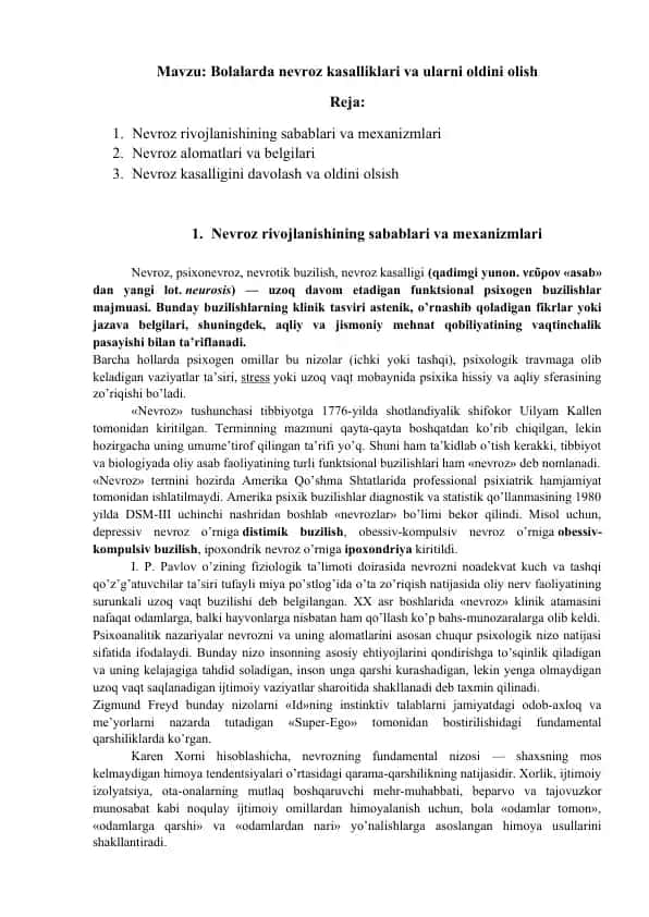 Bolalarda nevroz kasalliklari va ularni oldini olish