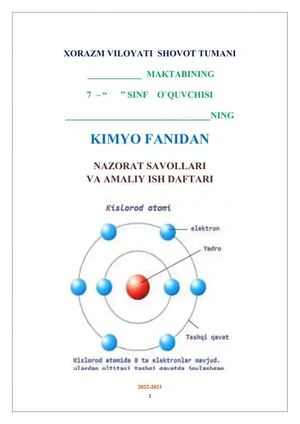 Kimyo fanidan nazorat savollari va amaliy ish daftari