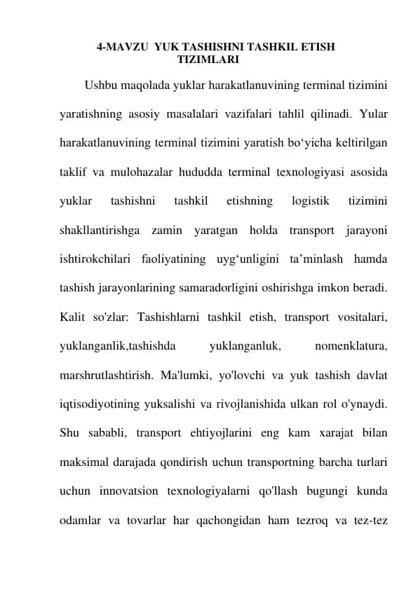 Yuk tashishni tashkil etish tizimlari