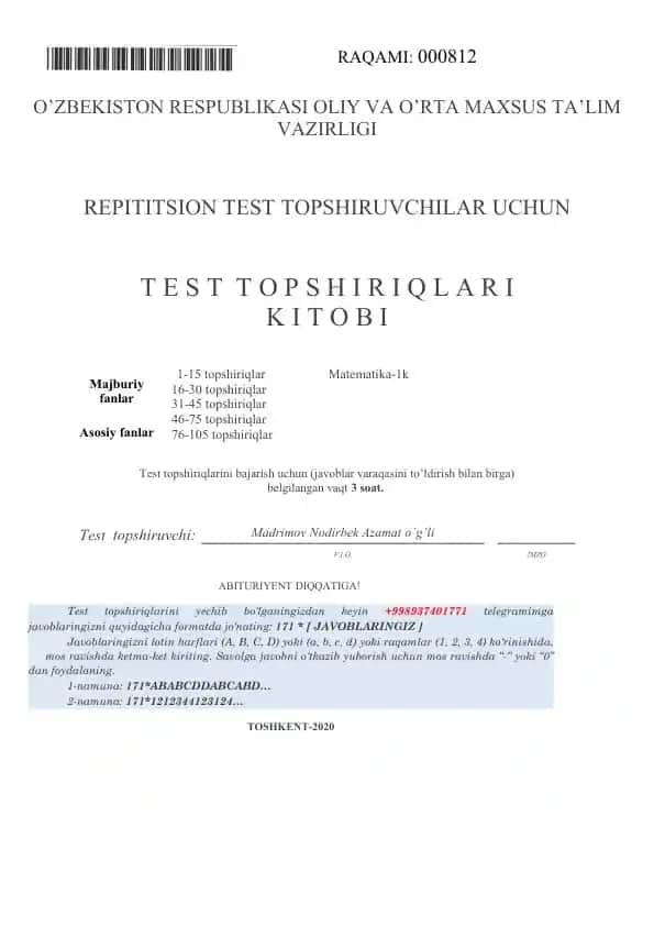 REPITITSION TEST TOPSHIRUVCHILAR UCHUN T E S T T O P S H I R I Q L A R I K I T O B I