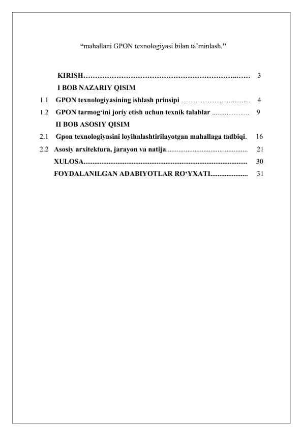 Mahallani GPON texnologiyasi bilan ta’minlash