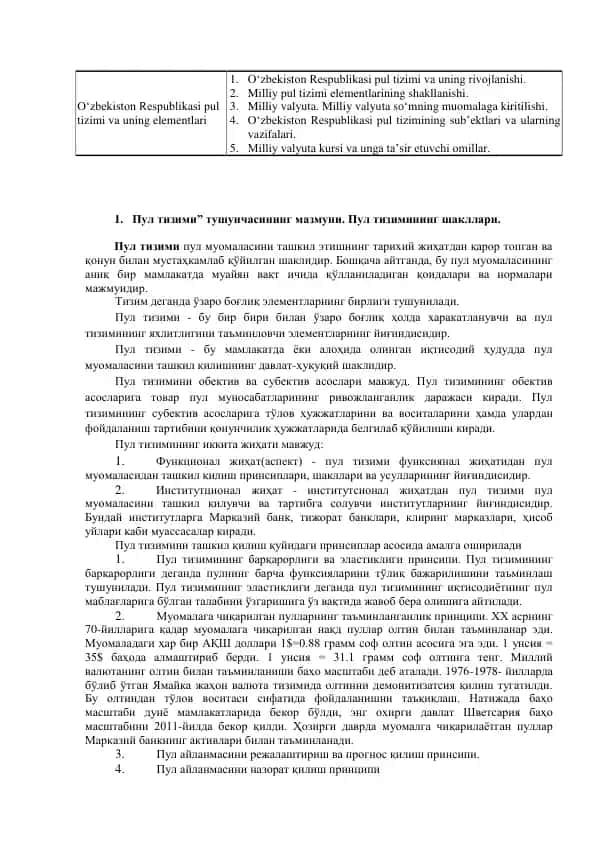 O‗zbekiston Respublikasi pul tizimi va uning elementlari