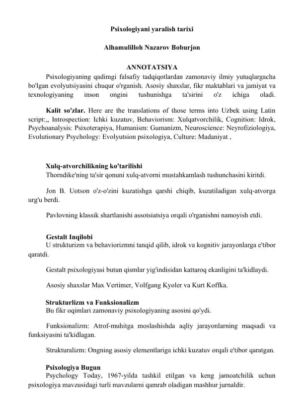 Psixologiyani yaralish tarixi