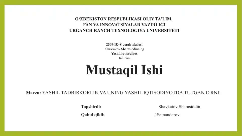 YASHIL TADBIRKORLIK VA UNING YASHIL IQTISODIYOTDA TUTGAN O'RNI