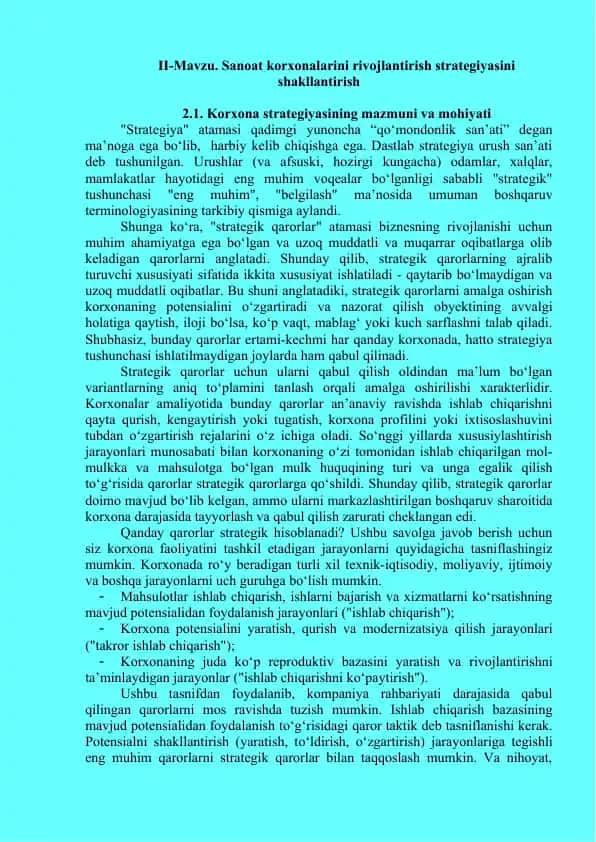 Sanoat korxonalarini rivojlantirish strategiyasini shakllantirish