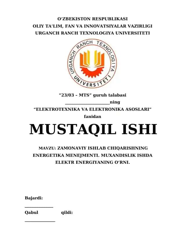 ZAMONAVIY ISHLAB CHIQARISHNING ENERGETIKA MENEJMENTI