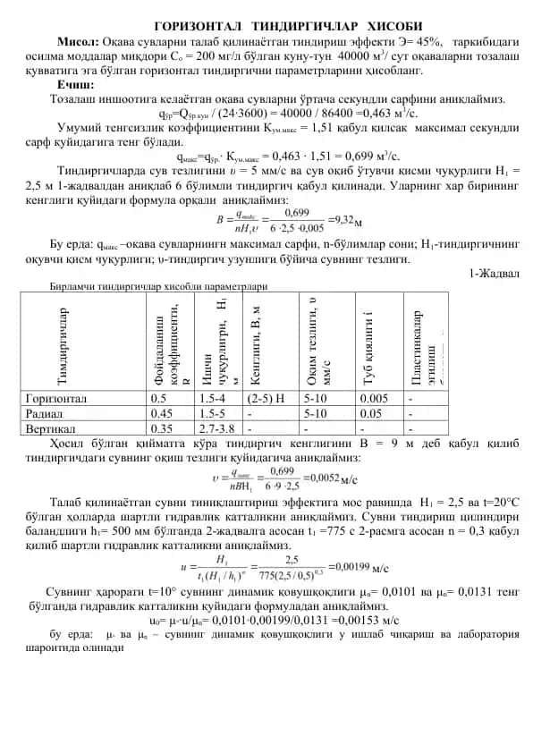 Горизонтал тиндиргичлар ҳисоби