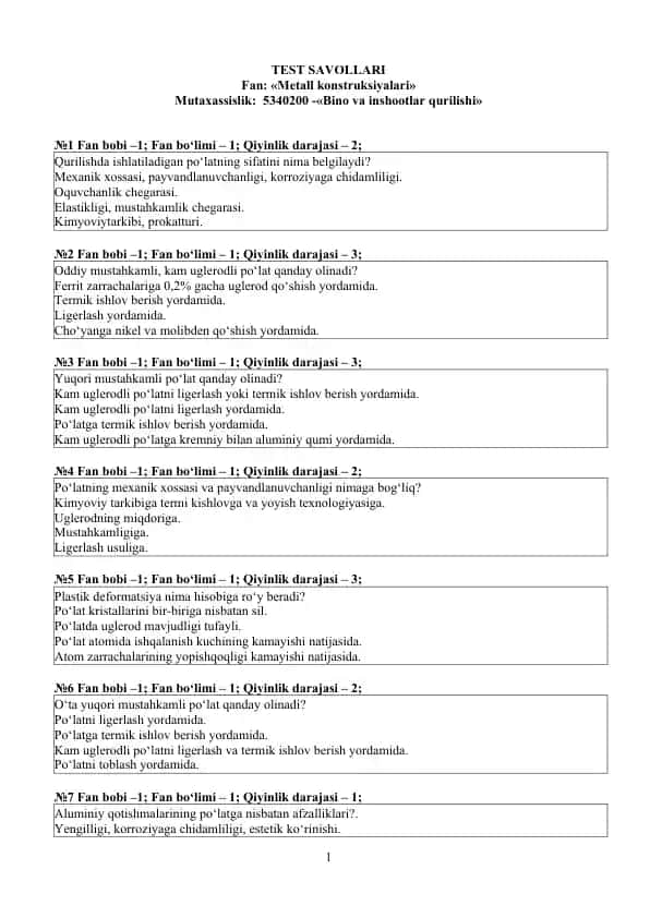 Metall konstruksiyalari test savollari