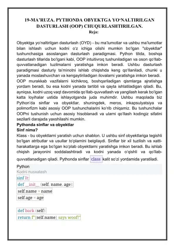 Python Obyektga yo‘naltirilgan dasturlash (OOP) chuqurlashtirilgan